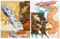 Pia Fries, Musselin 3, 2004, oil and screenprint on panel, in 2 parts
