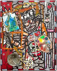 Cameron Welch, Ex in Abs, 2018, ceramic, oil, acrylic, spray paint, mirror, paper collage and found objects on panel