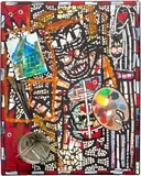 Cameron Welch, Ex in Abs, 2018, ceramic, oil, acrylic, spray paint, mirror, paper collage and found objects on panel