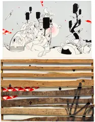 How & Nosm, Midnight Mausoleum, 2012, spray paint, India ink, cel vinyl, paper collage and wood on canvas