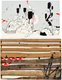 How & Nosm, Midnight Mausoleum, 2012, spray paint, India ink, cel vinyl, paper collage and wood on canvas