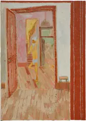 Andrew Cranston, Meditation in a tenement, 2023, distemper, oil and canvas collage on canvas