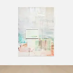 Mandy El-Sayegh, Dream Recall (talk to me during), 2022, coloured pencil and acrylic on paper, in artist's frame and oil, acrylic and paper, canvas and surgical mask collage on canvas