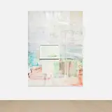 Mandy El-Sayegh, Dream Recall (talk to me during), 2022, coloured pencil and acrylic on paper, in artist's frame and oil, acrylic and paper, canvas and surgical mask collage on canvas