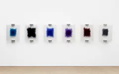 Idris Khan, Six Works from The Dream Songs: (i) I hummed a short blue; (ii) Incredible Panic Rules; (iii) Nobody is ever missing; (iv) Wounds to time, from all other times; (v) I hear. I think I hear; (vi) Silent Song, 2020, printed acrylic panels with aluminium cleats