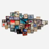 Barry McGee, Untitled, 2002, oil on canvas, graphite on paper and photographs, in artist's frames, in 45 parts