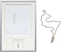 Two works: (i) Sketch for pendant; (ii) Diamond pendant necklace by Damien Hirst, 2005, (i) ink and graphite on paper (ii) pavé-set circular-cut diamond capsule-shaped pendant mounted in 18k white gold on a b, offered Jun 2026