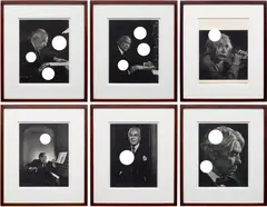 Cerith Wyn Evans, Untitled ("Portrait of Greatness" after Y. Karsh), 2006, cut-outs on book page, in artist's frame, in 6 parts