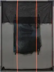 Towards Reverse Movements by Valerie Snobeck, 2012, debris netting, partially removed mirror print, peeled print on plastic, print on Foamex board, wood, gesso, hardware an, sold Jun 2026