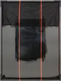 Valerie Snobeck, Towards Reverse Movements, 2012, debris netting, partially removed mirror print, peeled print on plastic, print on Foamex board, wood, gesso, hardware and door barricade brackets