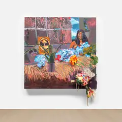 Gisela McDaniel, Paloa'an Míhinilat, 2021, oil, found objects, fabric flowers, shells, jewellery, plastic, canvas collage and resin on canvas