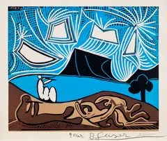 Pablo Picasso, Couple et flûtistes au bord d'un lac (Bacchanale) (Couple and Flutists by a Lake) (Bl. 930, Ba. 1259), 1959, Linocut in colours, on Arches paper, with full margins