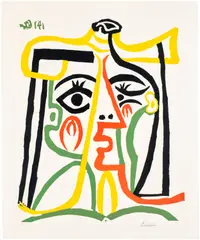Pablo Picasso, Portrait de Jacqueline au chapeau de paille (Portrait of Jacqueline in a Straw Hat) (Bl. 1067, Ba. 1279), 1962, Linocut in colours, on Arches paper, with full margins
