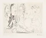 Pablo Picasso, Mousquetaire, abbé en prière, vieillard à la chouette et odalisque: Méduse, vierge ou simple femme? (Musketeer, Priest Praying, Old Man with an Owl and Odalisque: Medusa, Virgin or Simply a Woman?), plate 45 from Série 156 (Bl. 1900, Ba. 1906)