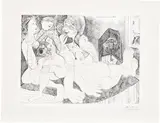 Pablo Picasso, Maison close. Bavardages, avec perroquet, Célestine, et le portait de Degas (Brothel. Gossip, with a Parrot, Bawd, and the Portrait of Degas), plate 109 from Série 156 (Bl. 1964, Ba. 1973), 1971, Etching, on BFK Rives paper, with full margins