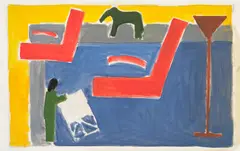 Peter Kinley, Study for Interior with Elephant, circa 1977, Oil and gouache painting with graphite, on thin wove paper mounted to board