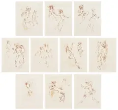 Léonor Fini, Regards, 1989, The complete set of ten etchings in sepia, on Arches paper, with full margins, the sheets loose (as issued), with title page, colophon and text by Juan Piñeiro, all contained in the original red linen-covered portfolio with printed artist's name and title