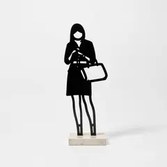 Handbag, from Melbourne Statuettes by Julian Opie, 2018, Bronze statuette patinated in black, on Crema Grey stone base, sold Jan 2026