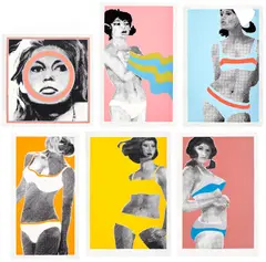 Gerald Laing, Brigitte Bardot; and Baby Baby Wild Things (H. & I. 22-27), 1968, The complete set of five screenprints in colours, with the additional screenprint Brigitte Bardot (initially intended to be part of the portfolio and sold together until circa 1969), on wove paper, with full margins, with the title page and original pink flocked portfolio with printed title, lace flaps and velour ties