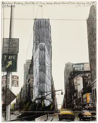 Wrapped Building, Project for 1 Times Square, New York (S. 128) by Christo & Jeanne-Claude, 1985, Lithograph in colours with collage of fabric, thread, transparent polyethylene and staples, on Guarro paper mounted to c, sold Jun 2026