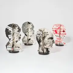 William Kentridge, Four Paper Heads, 2007, The complete series of four card sculptures with lithograph, letterpress, scanned book pages, chine-collé and hand-colouring in red pencil and watercolour, each with a wooden base