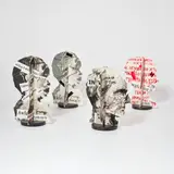 William Kentridge, Four Paper Heads, 2007, The complete series of four card sculptures with lithograph, letterpress, scanned book pages, chine-collé and hand-colouring in red pencil and watercolour, each with a wooden base
