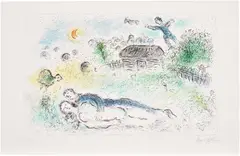 Marc Chagall, Les amoureux à l'isba (Lovers at the Isba) (M. 983), 1980, Lithograph in colours, on Arches paper, with full margins