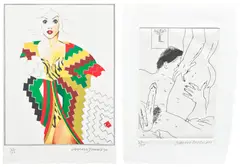 The Erotic Arts (Collectors' Edition) by Allen Jones & David Hockney, 1975, The complete set of one lithograph in colours and one etching, the sheets tipped-in (as issued), with title page and tex, sold Sep 2026