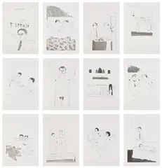 David Hockney, Illustrations for 14 Poems by C.P. Cavafy (S.A.C. 47-58, M.C.A.T. 47-58), 1966, The complete set of 12 etching and aquatints, on wove paper, with full margins, with text by Constantine P. Cavafy, title-page and justification (the letterpress pages with pencil annotations by Nikos Stangos throughout), bound in grey cloth-covered boards with debossed image of Portrait of Cavafy II (S.A.C. 59) on the cover and printed title on the spine, contained in the original grey cloth-covered slipcase