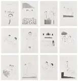 David Hockney, Illustrations for 14 Poems by C.P. Cavafy (S.A.C. 47-58, M.C.A.T. 47-58), 1966, The complete set of 12 etching and aquatints, on wove paper, with full margins, with text by Constantine P. Cavafy, title-page and justification (the letterpress pages with pencil annotations by Nikos Stangos throughout), bound in grey cloth-covered boards with debossed image of Portrait of Cavafy II (S.A.C. 59) on the cover and printed title on the spine, contained in the original grey cloth-covered slipcase