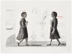 David Hockney, Homage to Michelangelo, from Omaggio a Michelangelo (S.A.C. 173, M.C.A.T. 162), 1975, Etching and aquatint in black and red, on BFK Rives paper, with full margins, contained in the original paper folder with printed text and grey cloth-covered portfolio with green leather cover and gold printed title