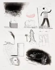 David Hockney, Showing Maurice the Sugar Lift (S.A.C. 170, M.C.A.T. 155), 1974, Etching and aquatint in black and red, on Inveresk mould-made paper, with full margins