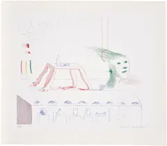 David Hockney, A Moving Still Life, plate 18 from The Blue Guitar (S.A.C. 216, M.C.A.T. 195), 1976-77, Etching and aquatint in colours, on Inveresk mould-made paper, with full margins