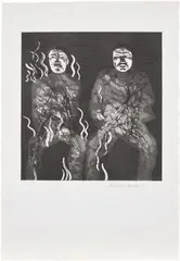 David Hockney, Corpses on Fire, plate 22 from Illustrations for Six Fairy Tales from the Brothers Grimm (S.A.C. 91, M.C.A.T. 88), 1969, Etching and aquatint, on Hodgkinson handmade paper watermarked DH and PP , with full margins