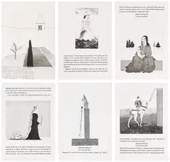 David Hockney, Rapunzel, from Illustrations for Six Fairy Tales from the Brothers Grimm (S.A.C. 81-86, M.C.A.T. 78-83), 1969, The complete leporello with six etchings (five with aquatint), and texts, printed on joined sheets of Hodgkinson handmade paper watermarked DH and PP , the full sheet