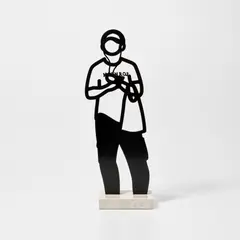Headphones, from Melbourne Statuettes by Julian Opie, 2018, Bronze statuette patinated in black, on Crema Grey stone base, sold Jan 2026