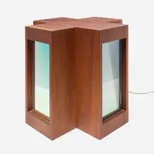 Chuck Prentiss, Untitled, walnut, iridized glass, glass