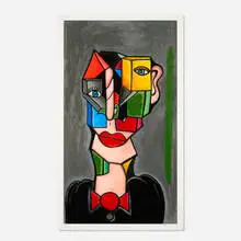 Andres Valencia, Ms. Cube, 2022, archival pigment print with hand-painted additions in acrylic on paper