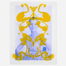 Asher Penn, Kate Moss Rorschach (Yellow on Blue), 2013, acrylic paint on matte print