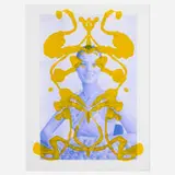 Asher Penn, Kate Moss Rorschach (Yellow on Blue), 2013, acrylic paint on matte print