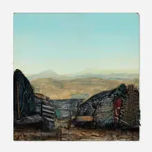 Refugee Camp by Jeff Gilette, 2001, burlap, cardboard and wood splinter collage, sold May 2026