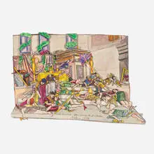 Red Grooms, End Of An Orgy from C.B. DeMille's "Manslaughter" 1922, 1973, watercolor, ink, and graphite on paper construction mounted to wood in Plexiglas vitrine