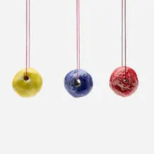 Polly Apfelbaum, Three works from the Ceramic Love Beads series, 2016, glazed ceramic and embroidery thread