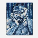 Bhasha Chakrabarti, That Feelin' Goes Stealin' Down to My Shoes, 2021, indigo dye and encaustic on handwoven adire cloth over panel in artist's frame