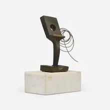 Takis, Untitled, brass and wire with white marble base