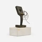 Takis, Untitled, brass and wire with white marble base