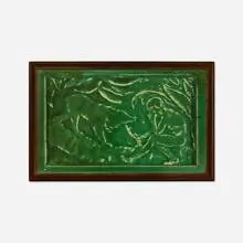 Russell Crook for Grueby Faience Company, Jungle Book tile with Baloo and Mowgli, c. 1900, glazed earthenware