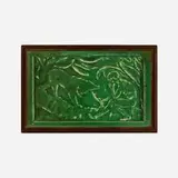 Jungle Book tile with Baloo and Mowgli by Russell Crook for Grueby Faience Company, c. 1900, glazed earthenware, sold Jan 2025