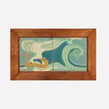 Grueby Faience Company, Two-tile frieze with Viking ship and waves