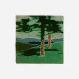 The Pines tile by Addison LeBoutillier for Grueby Faience Company, c. 1906, glazed earthenware decorated in cuenca, sold Jan 2025